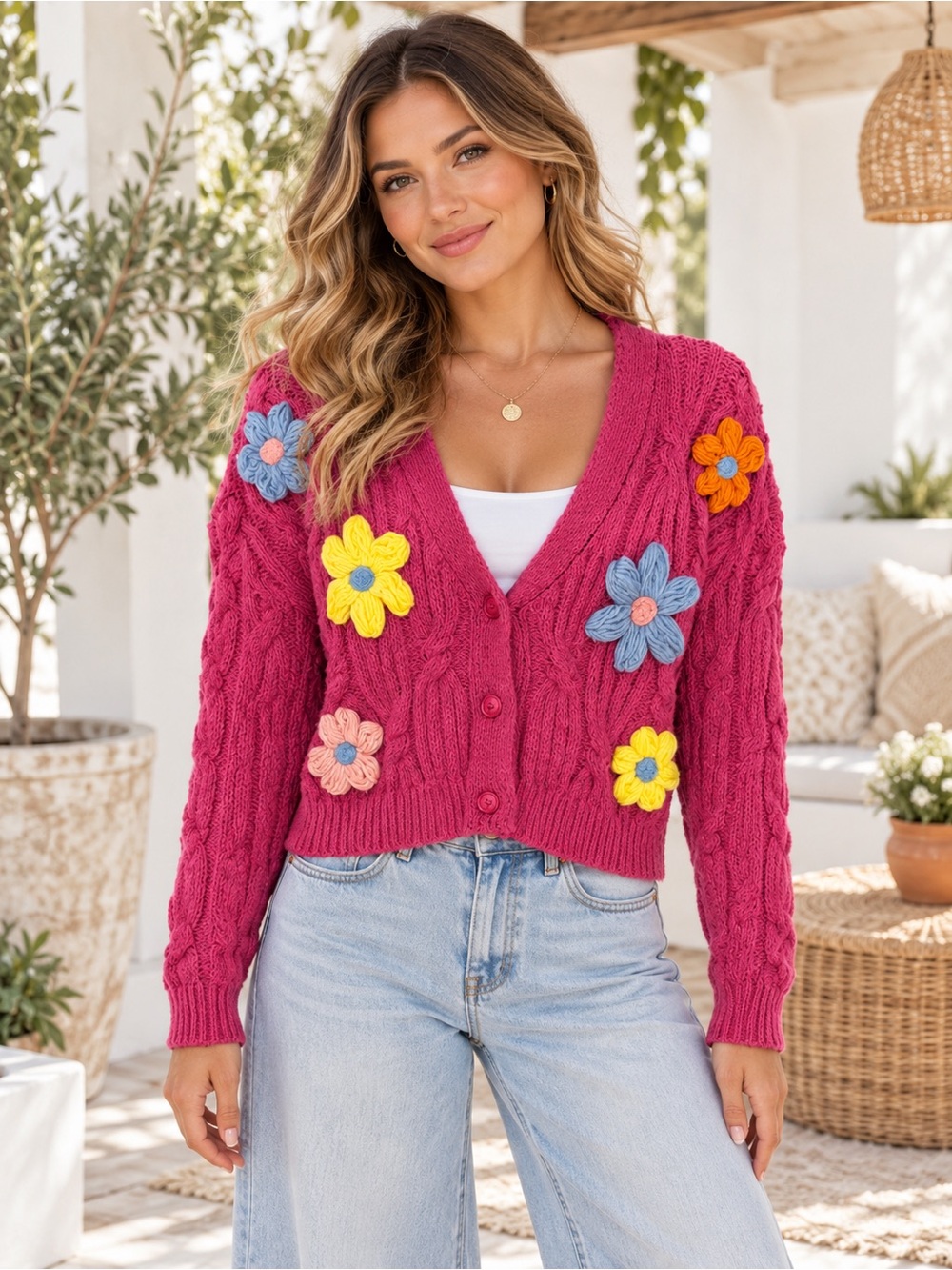 327 NWT New In Fuchsia Floral-Appliqué Cable Knit Cardigan Size Medium